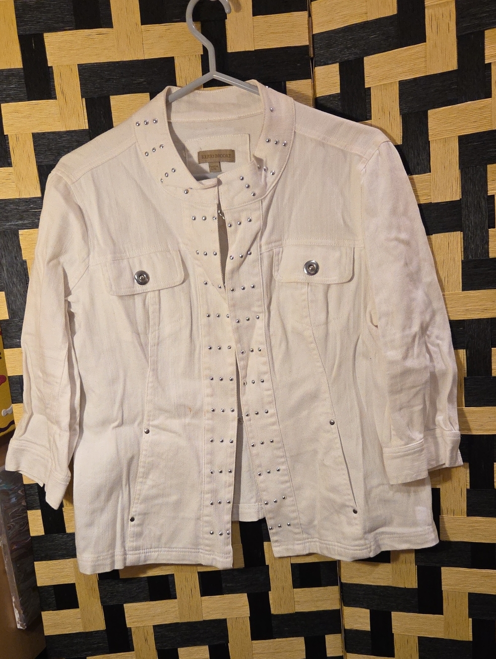 Stud-Trim Cream Bomber Jacket by St. John Collection